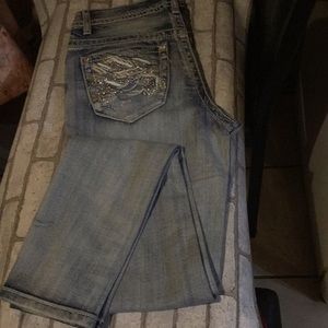 Y2K Rebel & Soul Skinny Jeans Embellished W/Rhinestones &Leather Inclusion